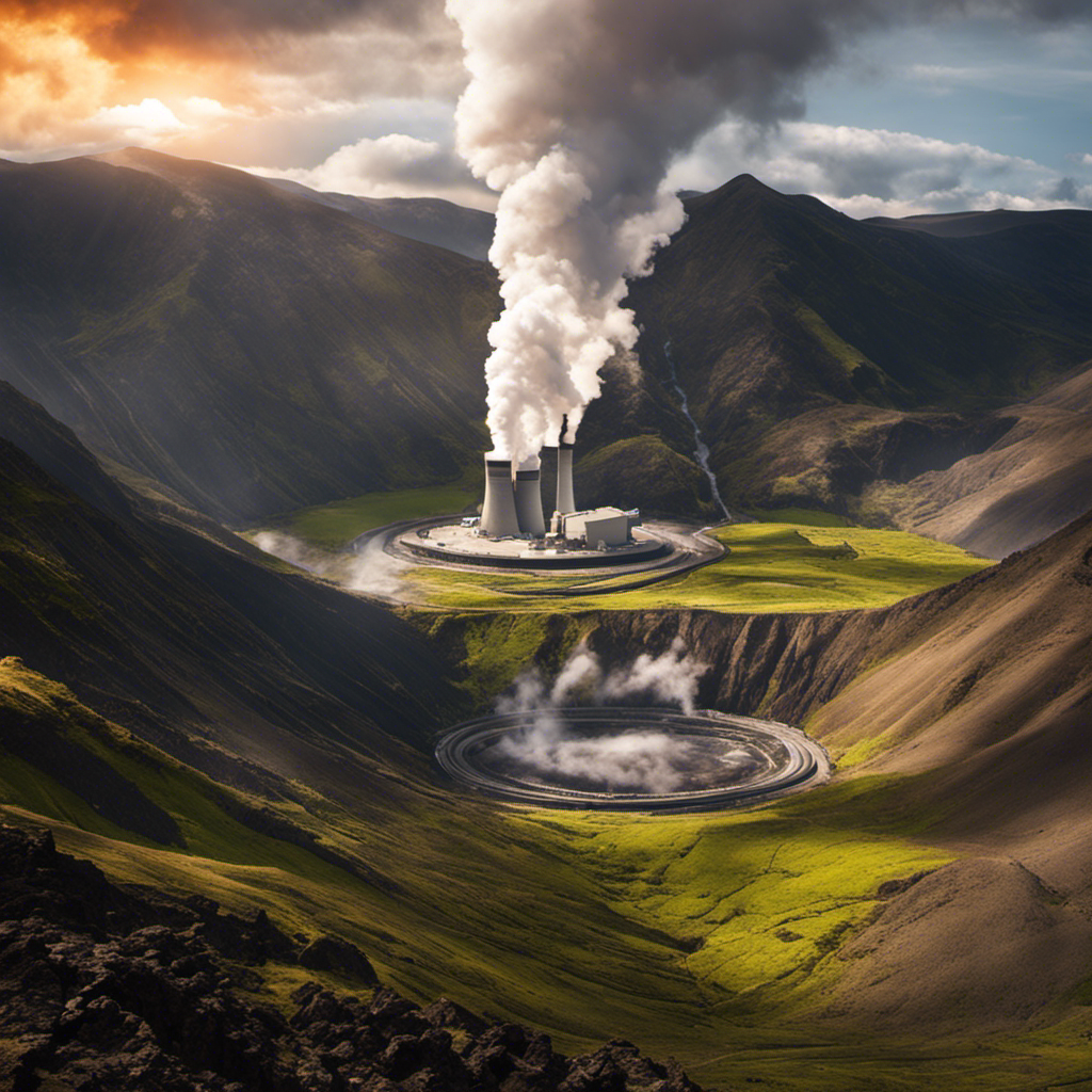 An image showcasing a vast, rugged landscape with a steamy geothermal power plant nestled amidst volcanic mountains