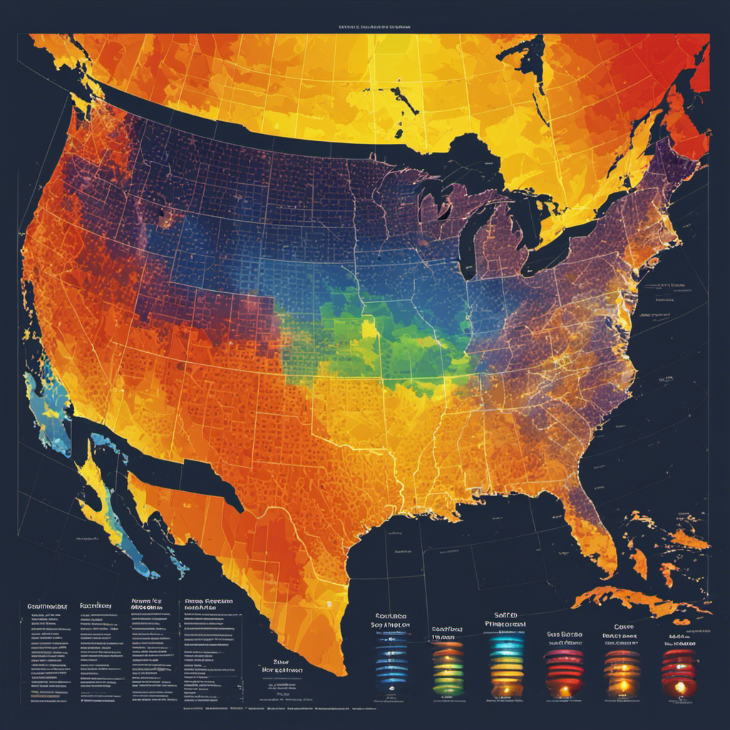 An image showcasing the distribution of solar energy across the United States, depicting states with vibrant colors indicating their levels of solar energy usage