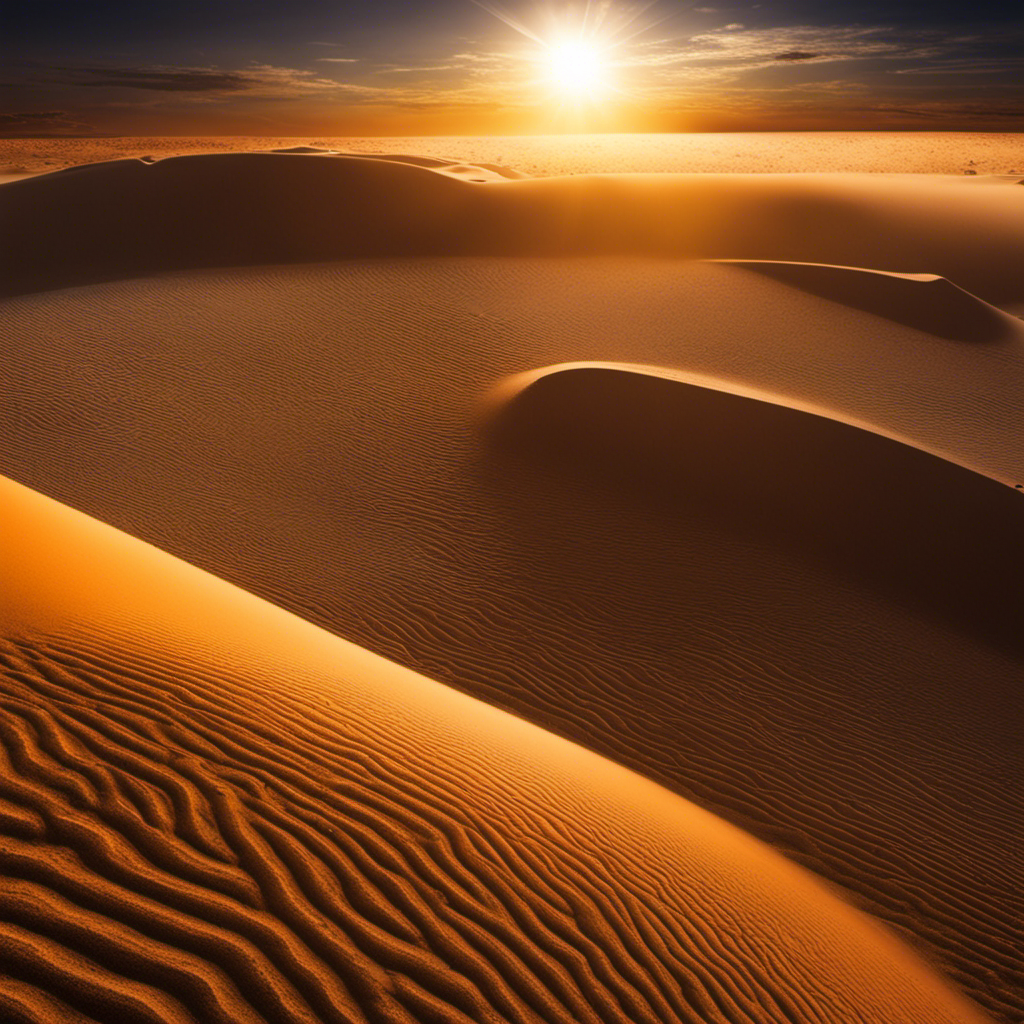 An image showcasing Earth's solar energy hotspot, capturing the blazing sun radiating intense rays upon the vast expanse of the Sahara desert, as sand dunes and rocky terrain absorb its powerful luminosity