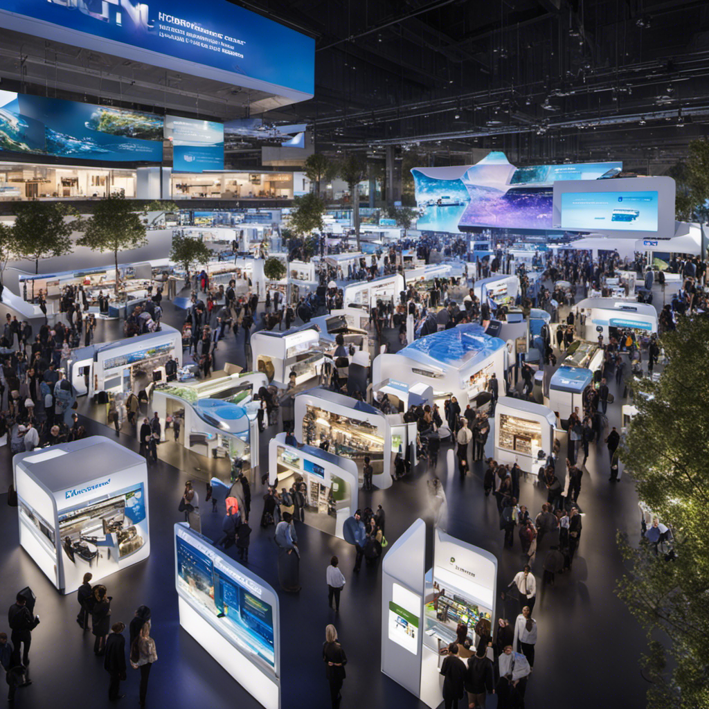 An image showcasing an expansive marketplace with multiple futuristic kiosks, each displaying hydrogen fuel cells