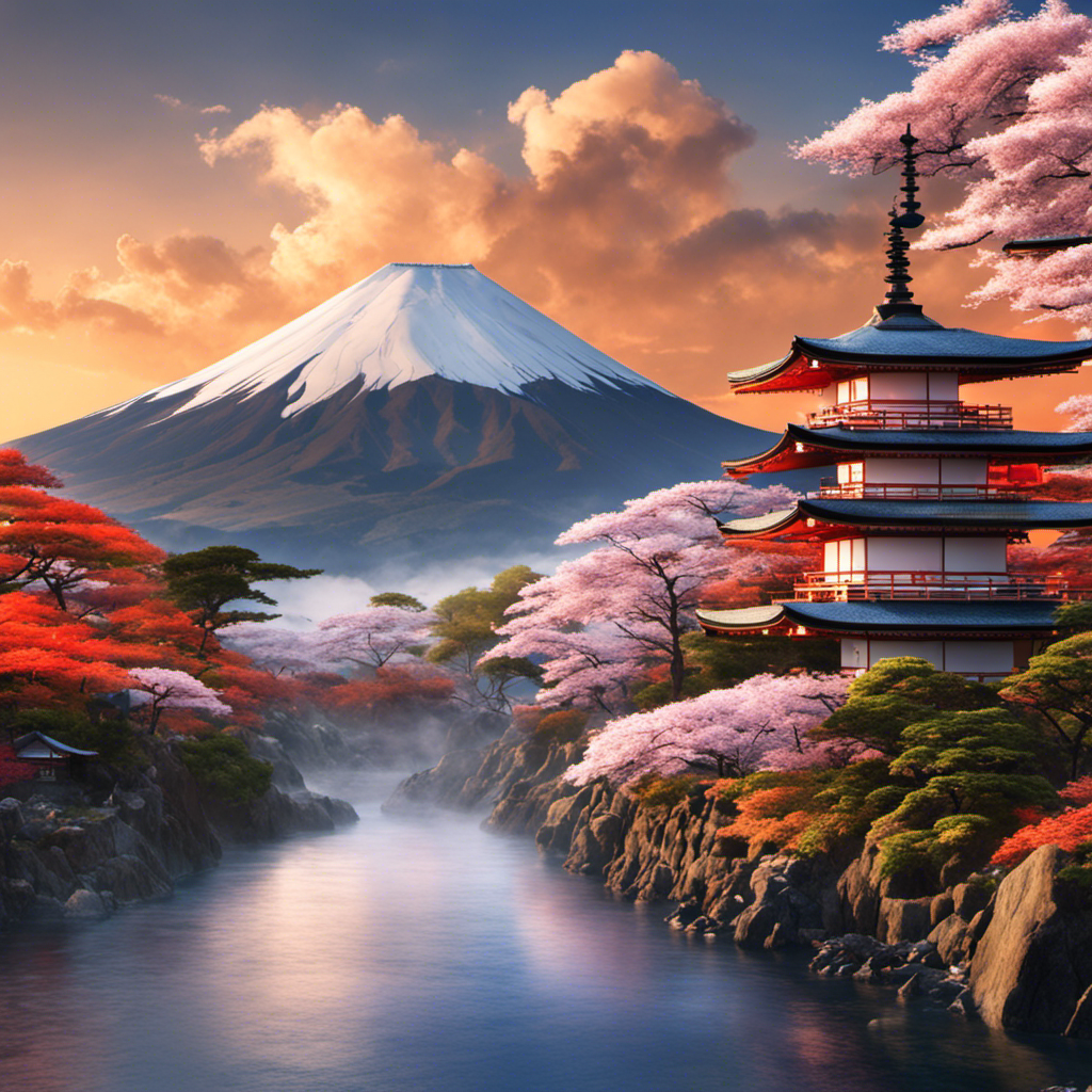 An image showcasing a picturesque landscape of Japan's volcanic region, with Mount Fuji majestically rising in the background