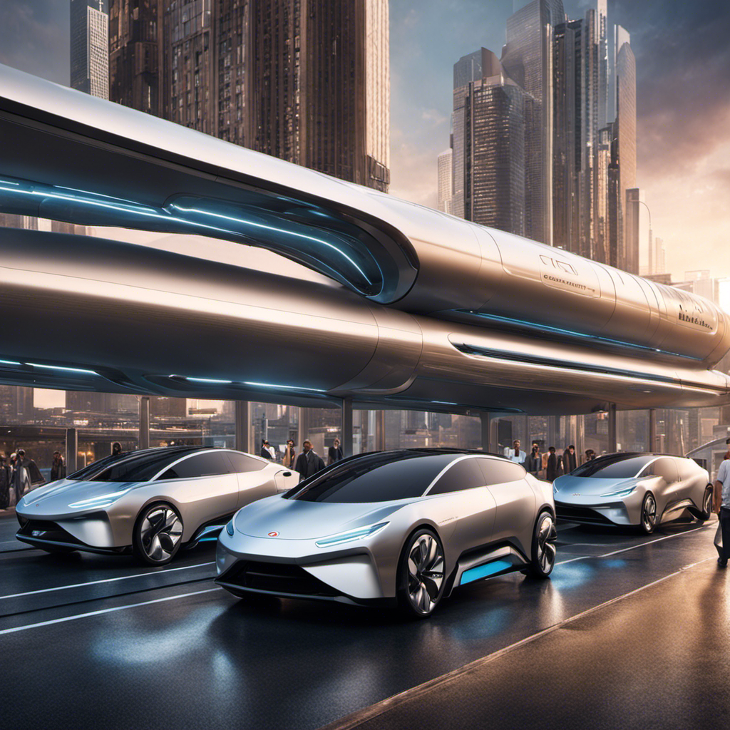 An image showcasing a bustling cityscape with a hydrogen refueling station prominently placed amidst a row of futuristic, sleek hydrogen cars