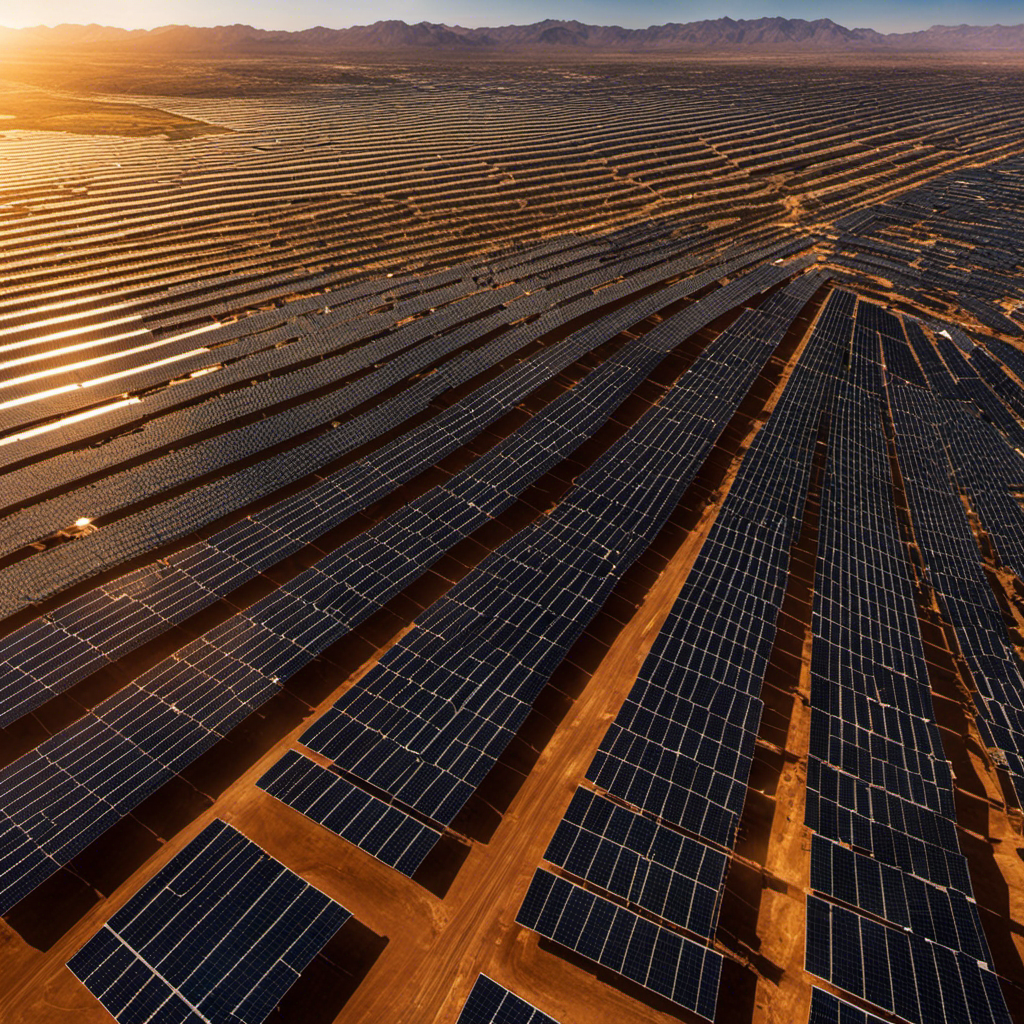 An image showcasing a vast solar farm stretching across the arid landscapes of the Southwestern United States, with rows upon rows of solar panels glistening under the scorching sun, symbolizing the region's significant usage of solar energy