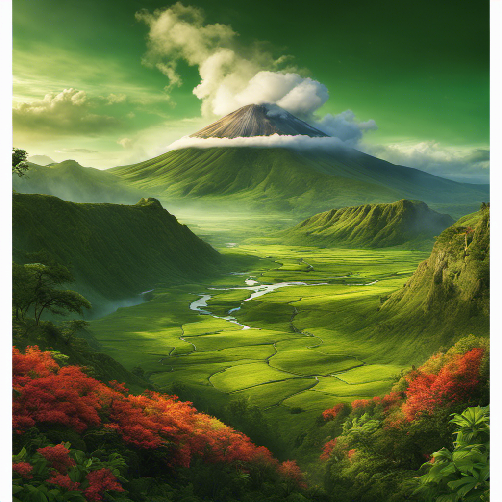 An image showcasing a vast, rugged landscape with towering volcanoes emitting billowing steam, surrounded by a lush green valley