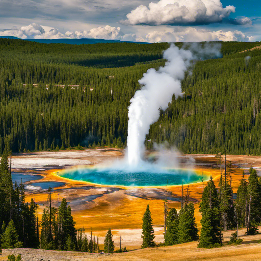 An image featuring a scenic landscape of Yellowstone National Park, showcasing the iconic Old Faithful geyser erupting amidst lush greenery