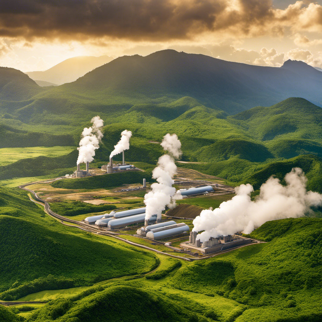 An image showcasing a scenic landscape with geothermal power plants, surrounded by lush greenery and mountains, capturing the essence of the African country that achieved a remarkable 30% of its electricity from geothermal energy in 2010