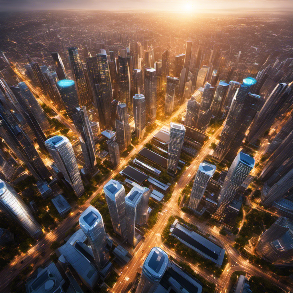 An image showcasing a bustling cityscape with high-rise buildings adorned with solar panels, their surfaces gleaming in the sunlight