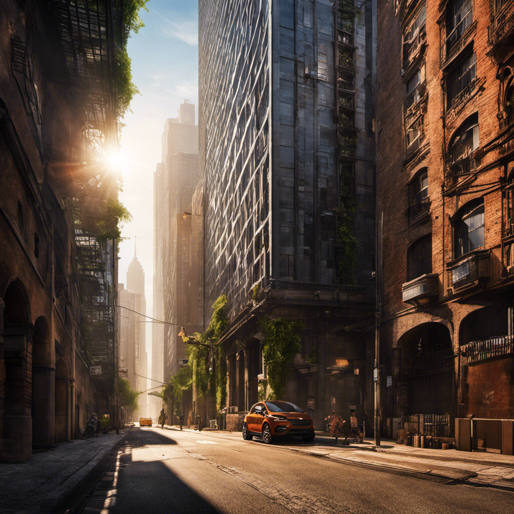 An image showcasing a towering skyscraper casting a long shadow over a deserted alleyway nestled between narrow streets lined with high buildings, where sunlight struggles to penetrate, illustrating the least protected area from solar energy in a city