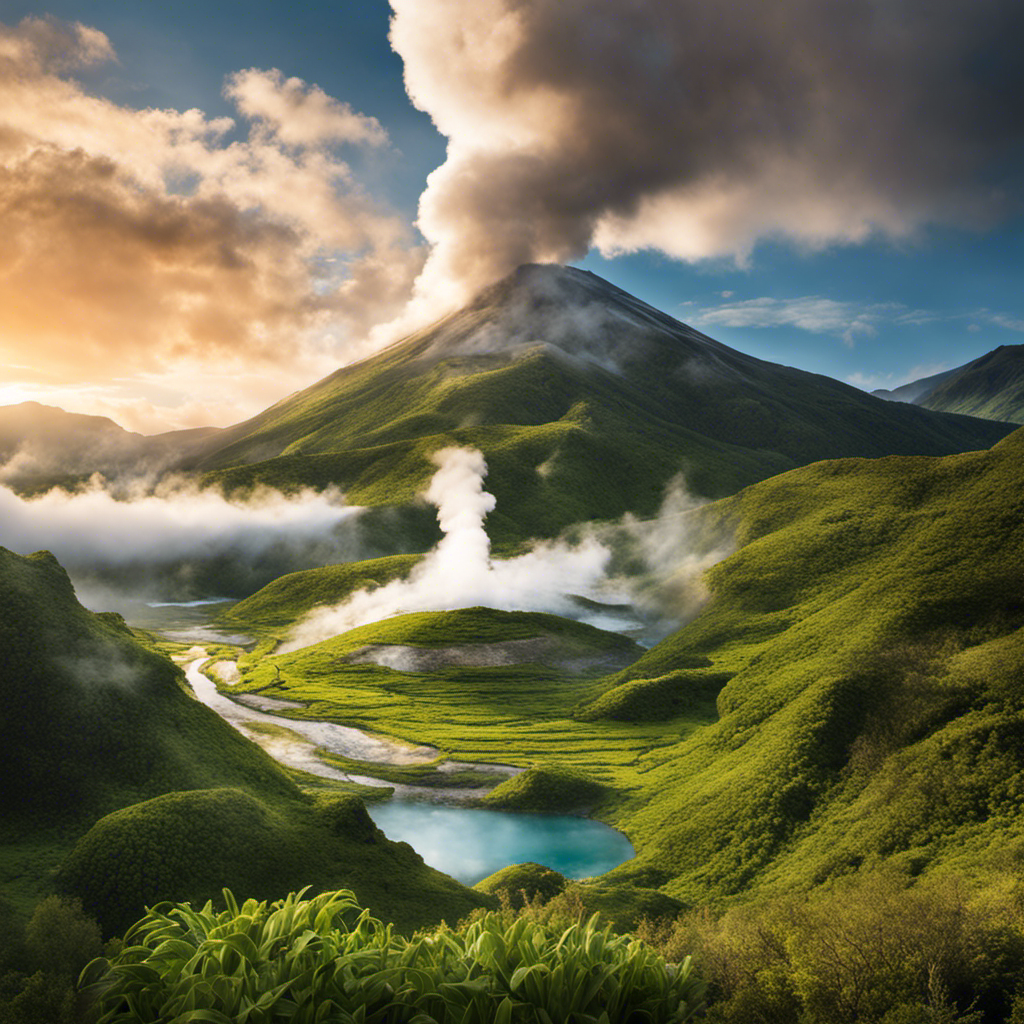 An image showcasing a serene mountain landscape, with steam rising from hidden geothermal vents