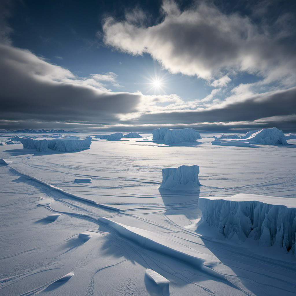 An image depicting a vast expanse of polar ice caps, with an icy landscape stretching towards the horizon