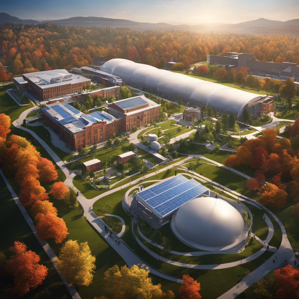 An image showcasing a college campus with expansive geothermal infrastructure