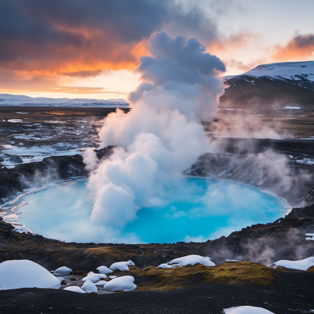 An image showcasing Iceland's geothermal energy dominance, with a dramatic landscape featuring bubbling hot springs, billowing steam, towering geothermal power plants, and the iconic Blue Lagoon amidst a backdrop of snowy mountains
