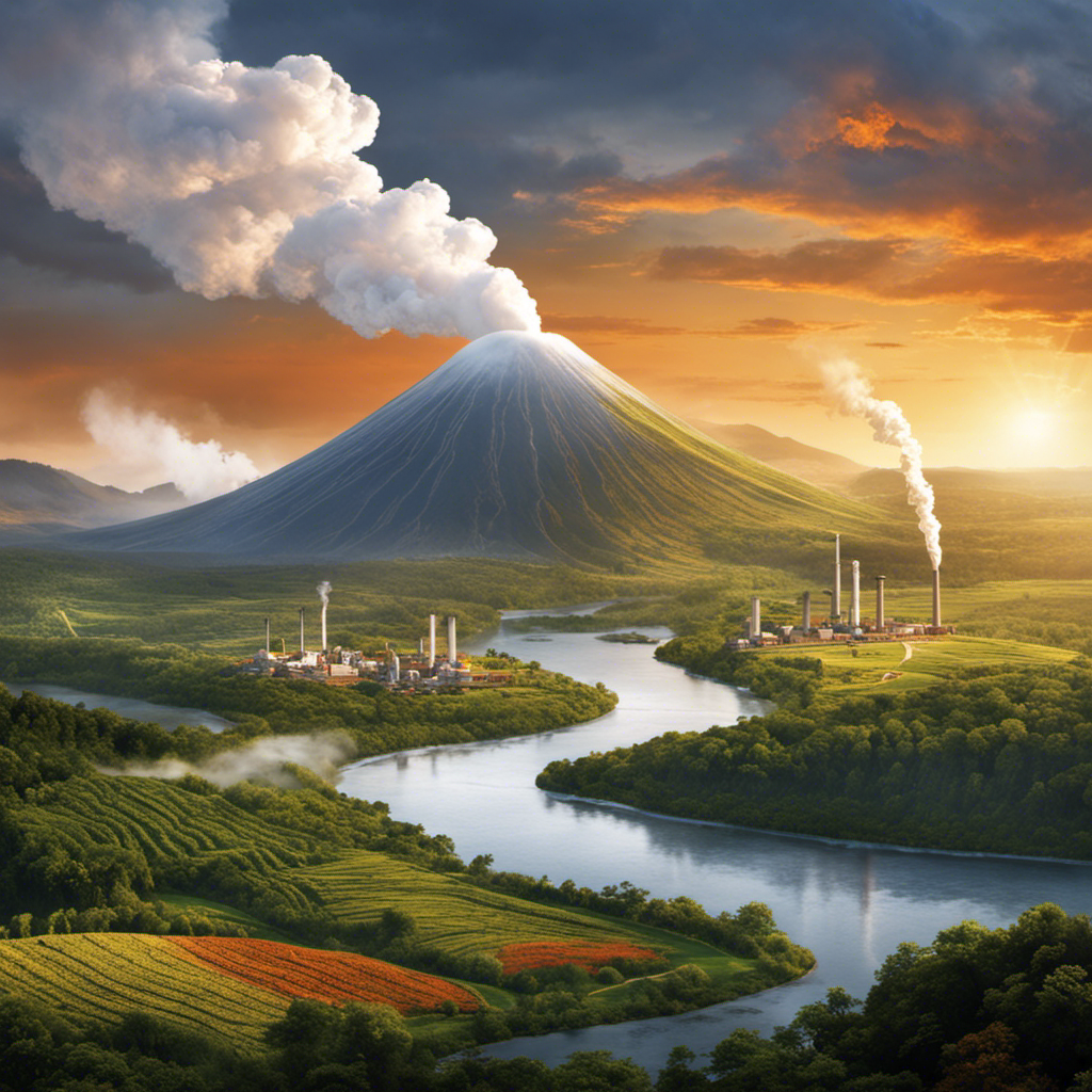 An image showcasing a sprawling landscape of a country, adorned with majestic volcanos emitting plumes of steam, while an intricate network of geothermal power plants harnesses their energy, transforming it into a sustainable source for the nation's development