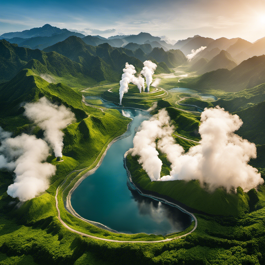 An image showcasing two Asian countries side by side, with rolling landscapes highlighted by steam rising from geothermal power plants
