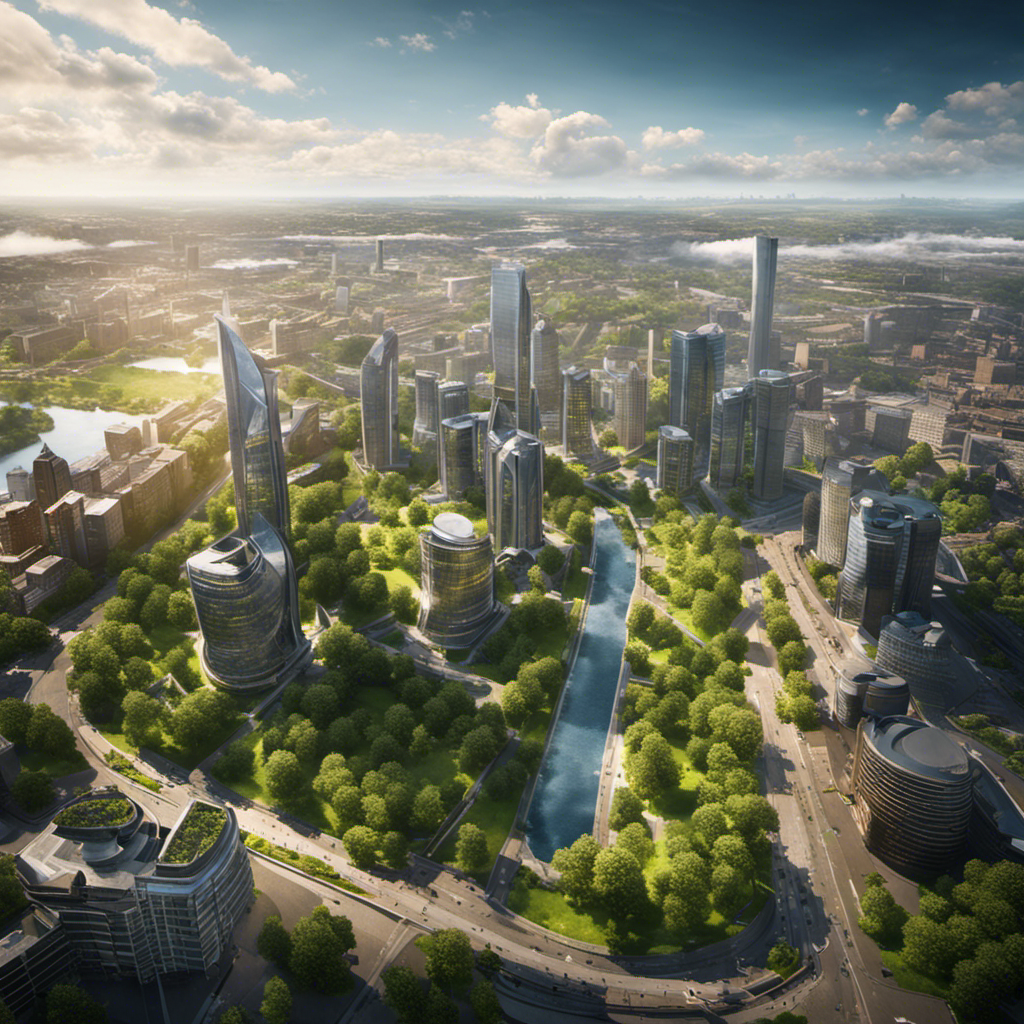 An image of a modern, bustling cityscape in Northern Europe, where tall buildings are surrounded by lush green parks