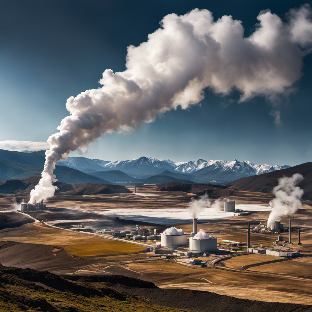 An image depicting a vast, mountainous landscape with geothermal power plants dotting the horizon