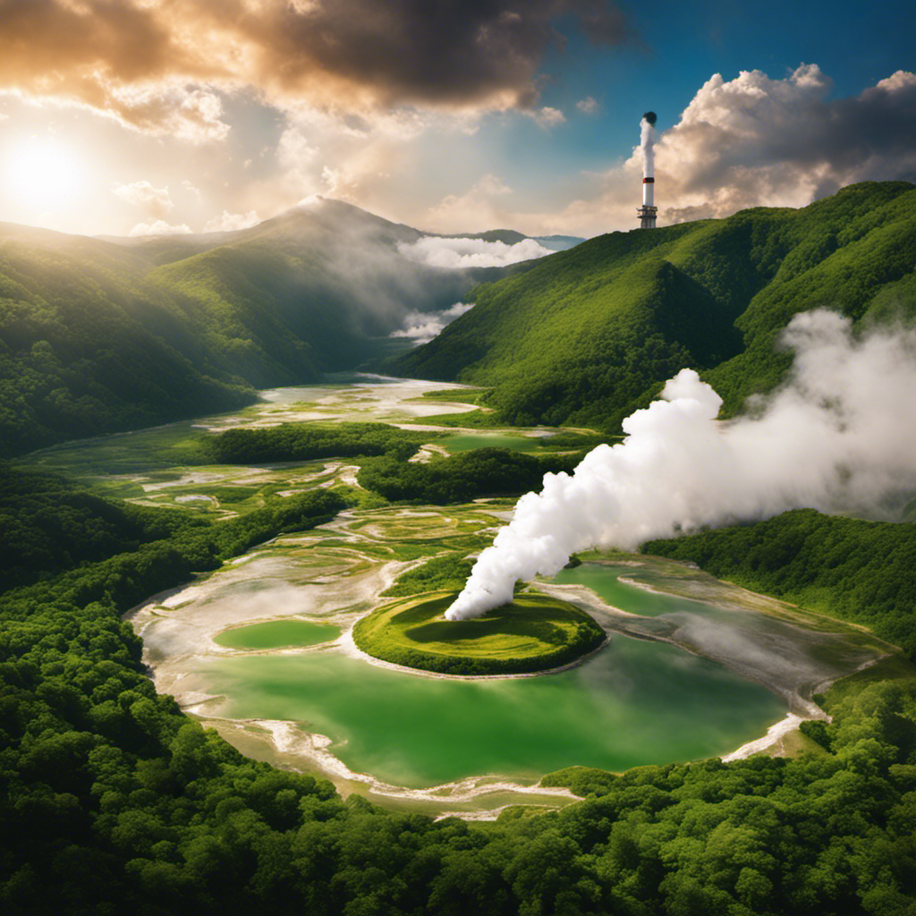 An image showcasing a vast landscape with towering geothermal power plants emitting plumes of steam, surrounded by lush greenery and hot springs, symbolizing the leading country in global geothermal energy production
