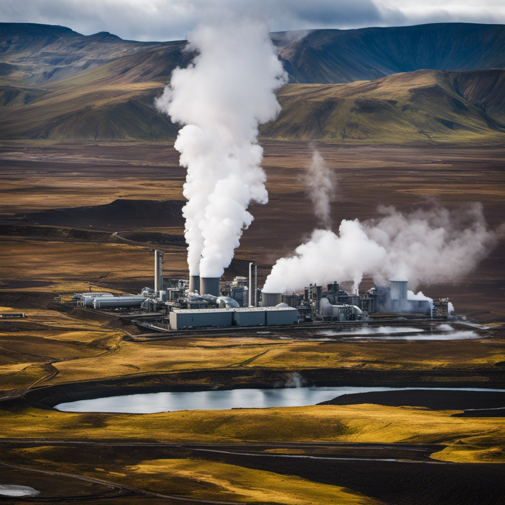 An image showcasing a vast geothermal power plant nestled amidst Iceland's breathtaking volcanic landscapes