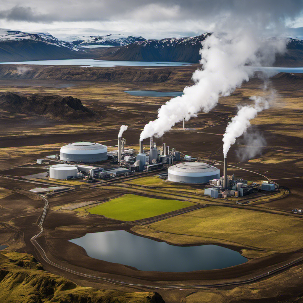 An image showcasing a vast geothermal power plant nestled within the scenic landscapes of Iceland, highlighting their global leadership in geothermal energy production