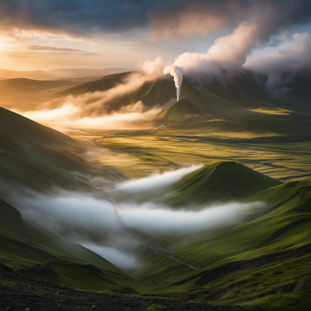 An image showcasing a vast landscape with towering geothermal power plants enveloped in mist, emanating a soft glow