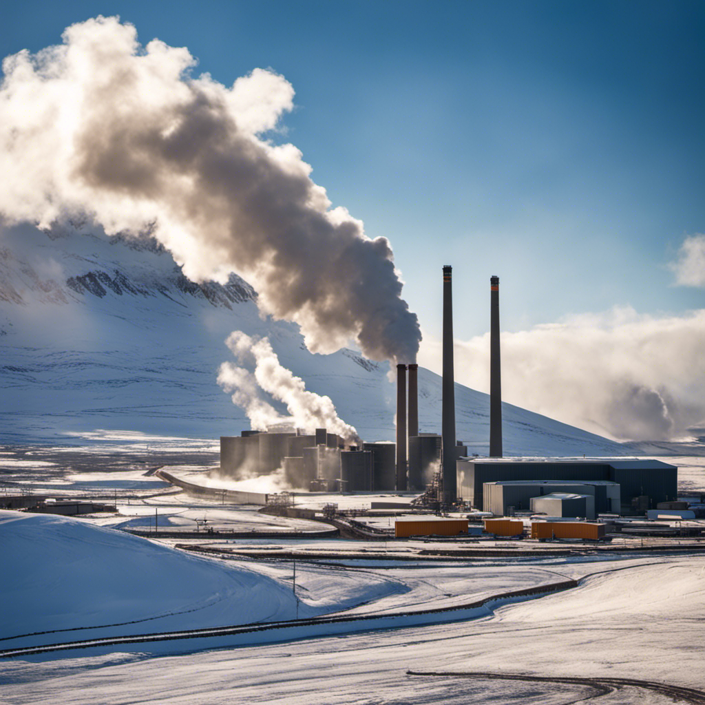An image showcasing a vast geothermal power plant nestled within Iceland's stunning volcanic landscape, with steam rising from tall towers against a backdrop of snow-capped mountains, highlighting the country's leading geothermal energy production