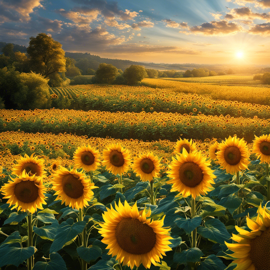 An image showcasing a sunflower field bathed in golden sunlight, with towering stalks reaching towards the sky while their large, vibrant blooms face the sun, symbolizing solar energy conversion to biomass