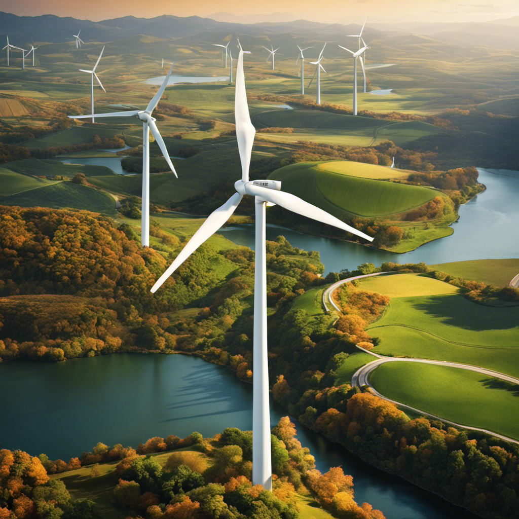 An image showcasing a wind turbine technician scaling a towering wind turbine, surrounded by a picturesque landscape of wind farms and renewable energy sources, symbolizing the career pathway in the energy industry