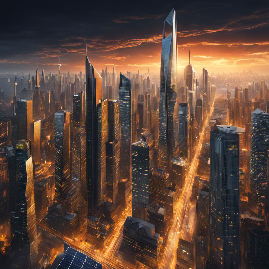 An image depicting a bustling city skyline with solar panels covering rooftops, while a dark shadow looms over half the city, symbolizing the inability of solar energy to meet the high energy demand