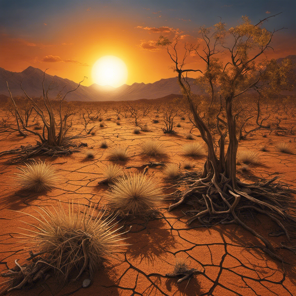 An image depicting a deserted landscape with a parched, cracked earth, wilted flora, and a scorching sun overhead