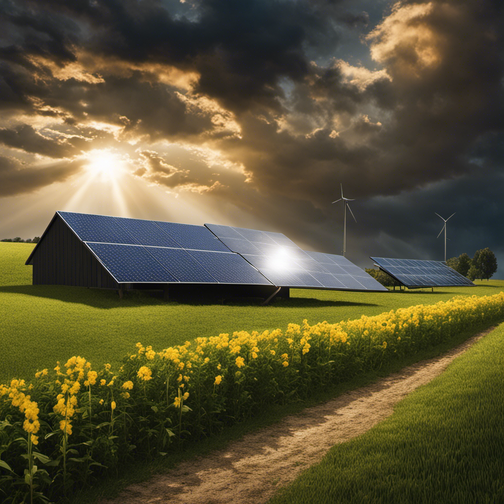 An image showcasing a serene countryside landscape with dark clouds looming overhead, casting intermittent shadows on a solar panel installation