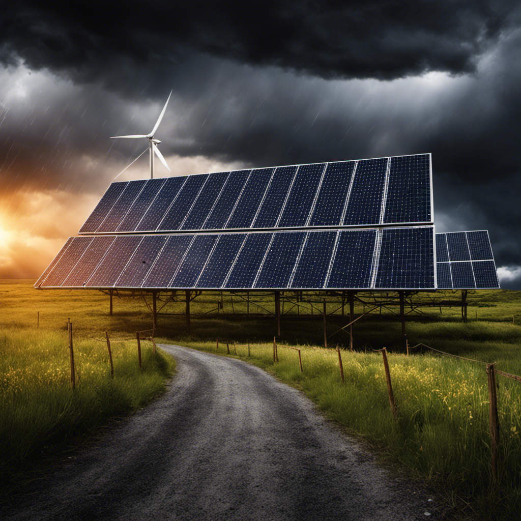 An image that depicts a solar panel installation surrounded by dark storm clouds, symbolizing the disadvantage of solar energy's dependence on weather conditions