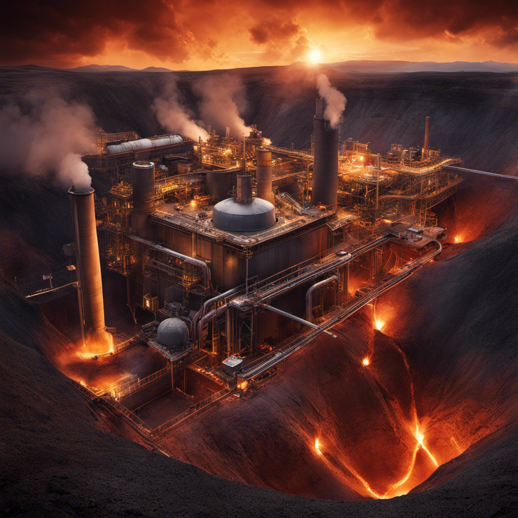 An image showcasing a vast underground reservoir of hot, molten rock, with deep drill holes penetrating the Earth's crust, and a network of steam pipes connecting to a power plant above ground, illustrating the extraction and utilization of geothermal energy
