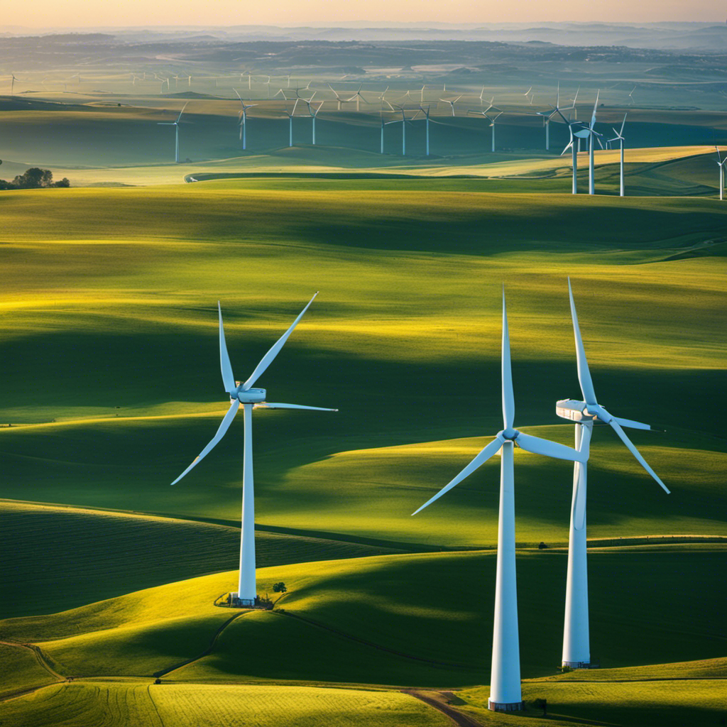 An image showcasing a serene landscape with a vast field of wind turbines