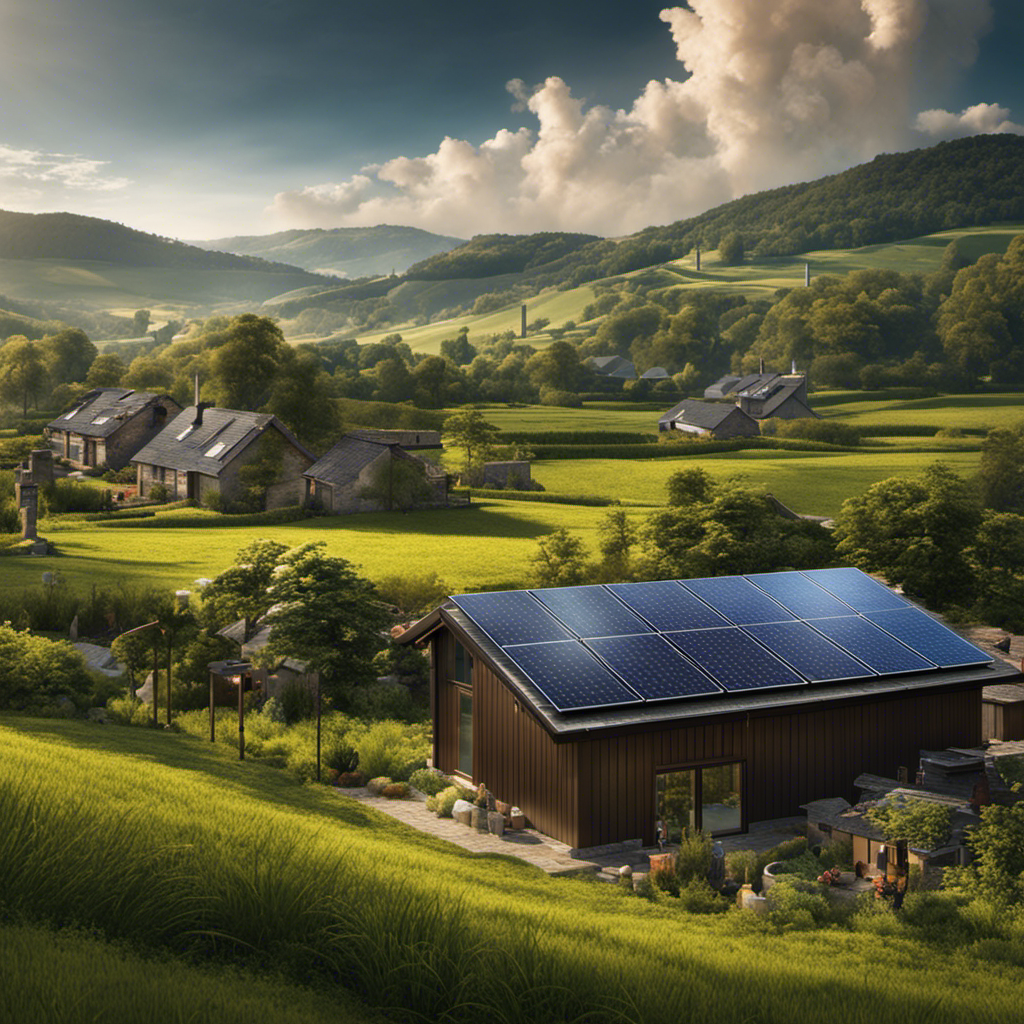 An image showcasing a serene countryside landscape with solar panels seamlessly integrated into the rooftops of houses, while a traditional power plant looms in the background emitting thick plumes of dark smoke