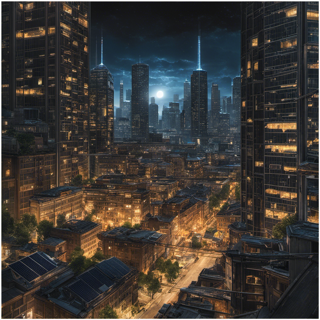 An image depicting a cityscape during a power outage, with darkened buildings and streets, while a single house with a solar energy system remains brightly lit, showcasing its ability to maintain power during grid failure