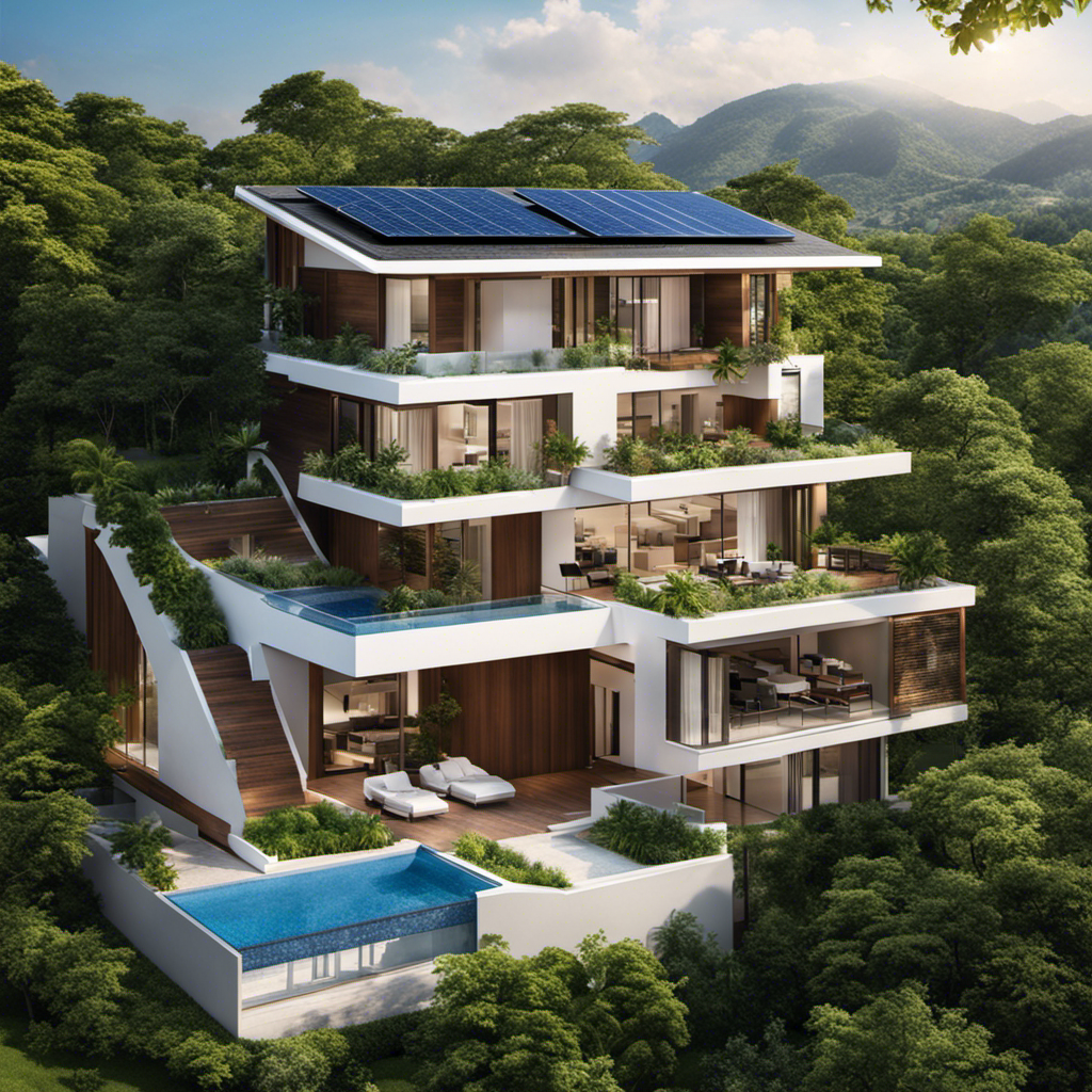 An image featuring a modern residential property with solar panels installed on its rooftop, surrounded by lush greenery, exuding an eco-friendly and sustainable aura, showcasing the increased property value that solar energy systems offer