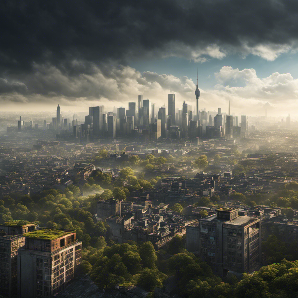 An image showcasing a gloomy, pollution-filled city skyline, contrasting with a vibrant, clean and sunny countryside