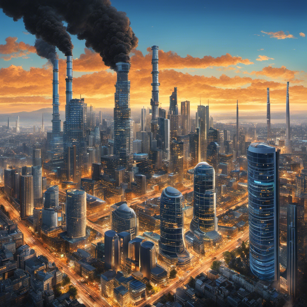 An image showing a bustling city skyline, with a clear blue sky above