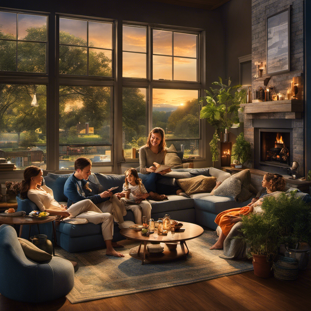 An image that showcases a family happily lounging in their well-lit, energy-efficient home, surrounded by modern appliances, while outside the window, a traditional power plant emits dark smoke and dollar bills fly away