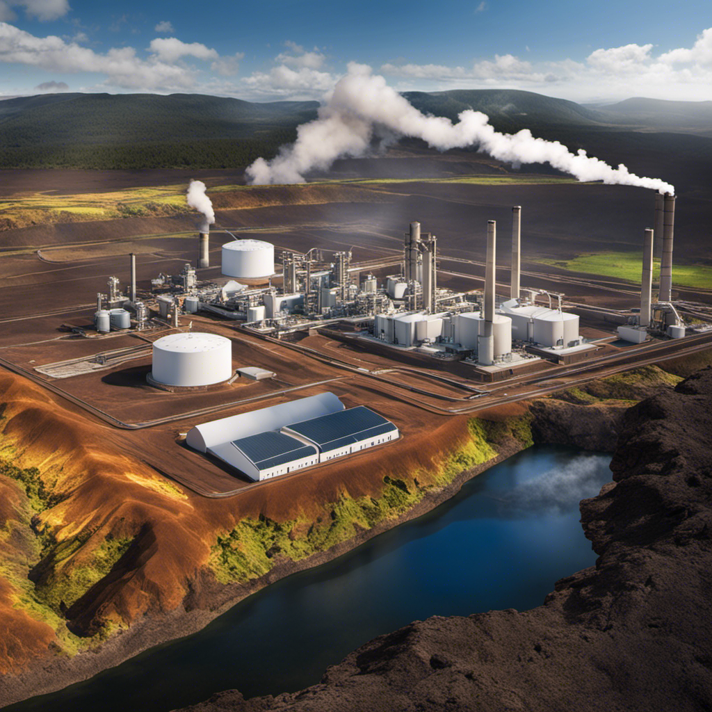 An image showcasing a vibrant geothermal power plant integrated within a volcanic landscape