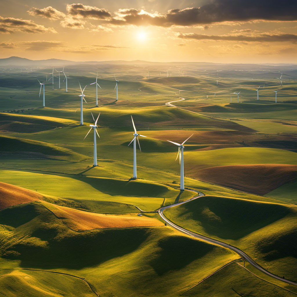 An image showcasing a vast landscape, with towering wind turbines gracefully spinning in the distance, solar panels glimmering under the sun, underground geothermal vents emitting steam, and not a trace of natural gas infrastructure in sight