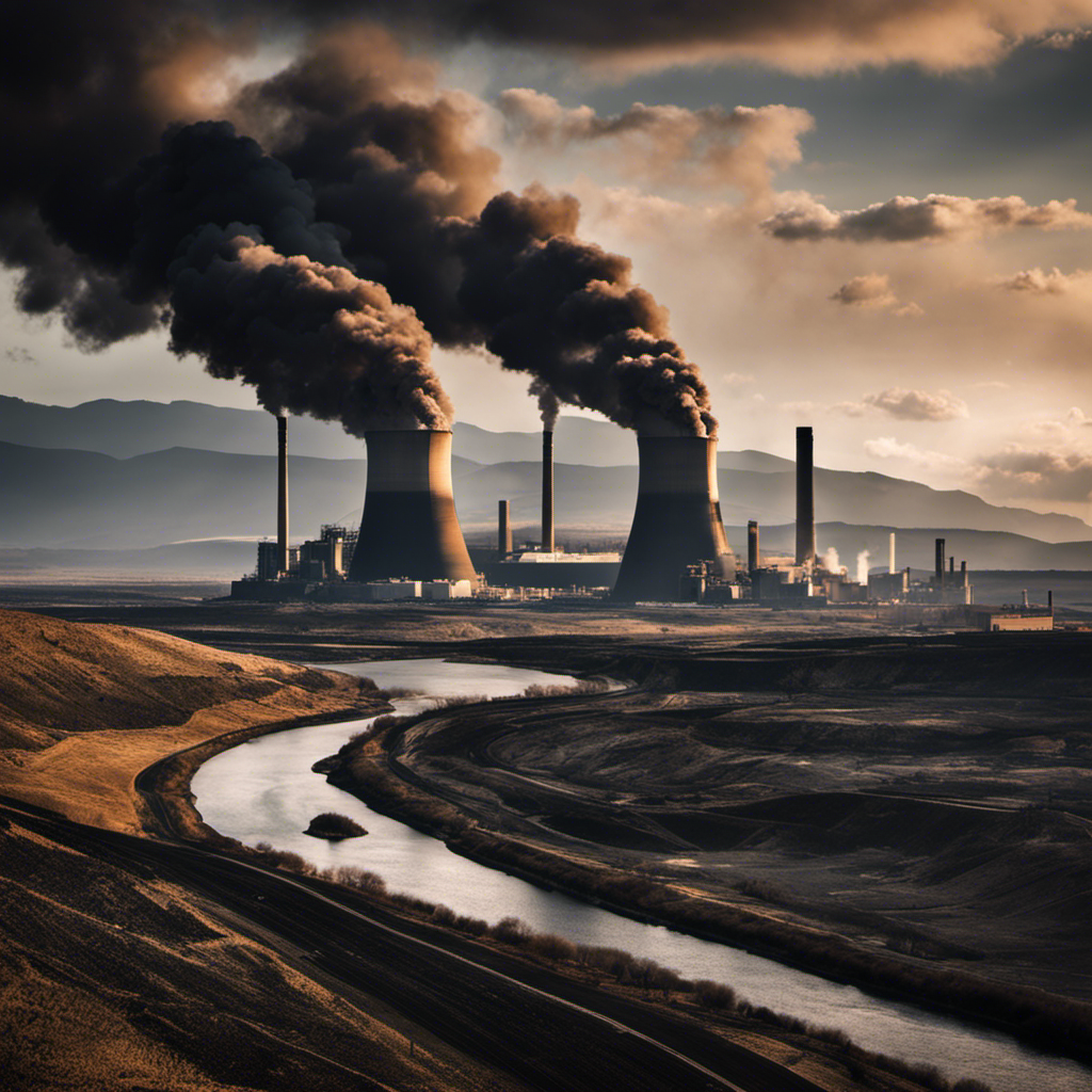 An image showcasing a traditional coal power plant emitting thick, black smoke into the air, surrounded by barren and polluted land, to illustrate what is NOT evidence of geothermal energy
