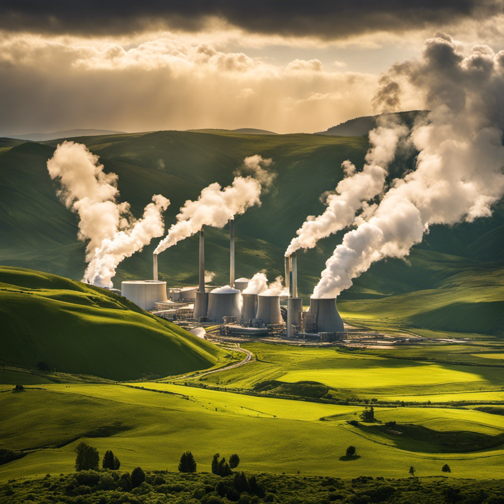 An image showcasing the immense potential of geothermal energy: a picturesque landscape with a geothermal power plant nestled amidst rolling hills, steam rising from the earth's surface, and renewable energy being harnessed