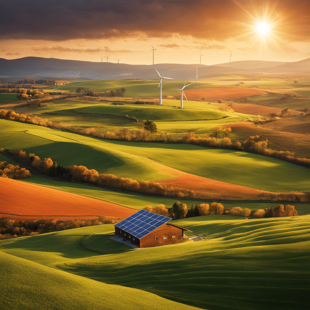 An image showcasing three distinct landscapes: a sun-soaked field with solar panels, a wind turbine standing tall on a windy hill, and a geothermal power plant nestled near hot springs