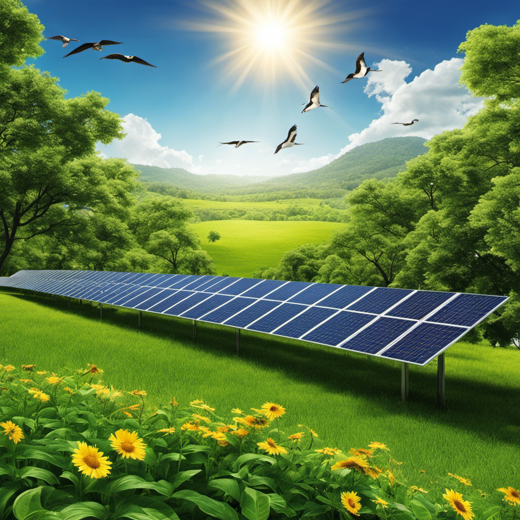 An image depicting a vast solar panel field, surrounded by lush greenery, with clear skies and birds flying freely