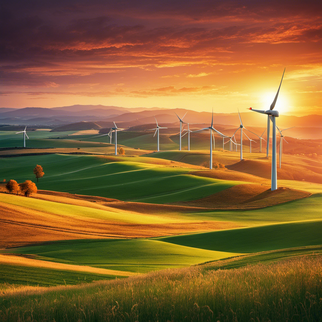 An image showcasing the advantages of wind energy: a serene landscape with a modern wind farm, turbines gracefully spinning against a vibrant sunset backdrop, emphasizing renewable power, sustainability, and a harmonious connection with nature