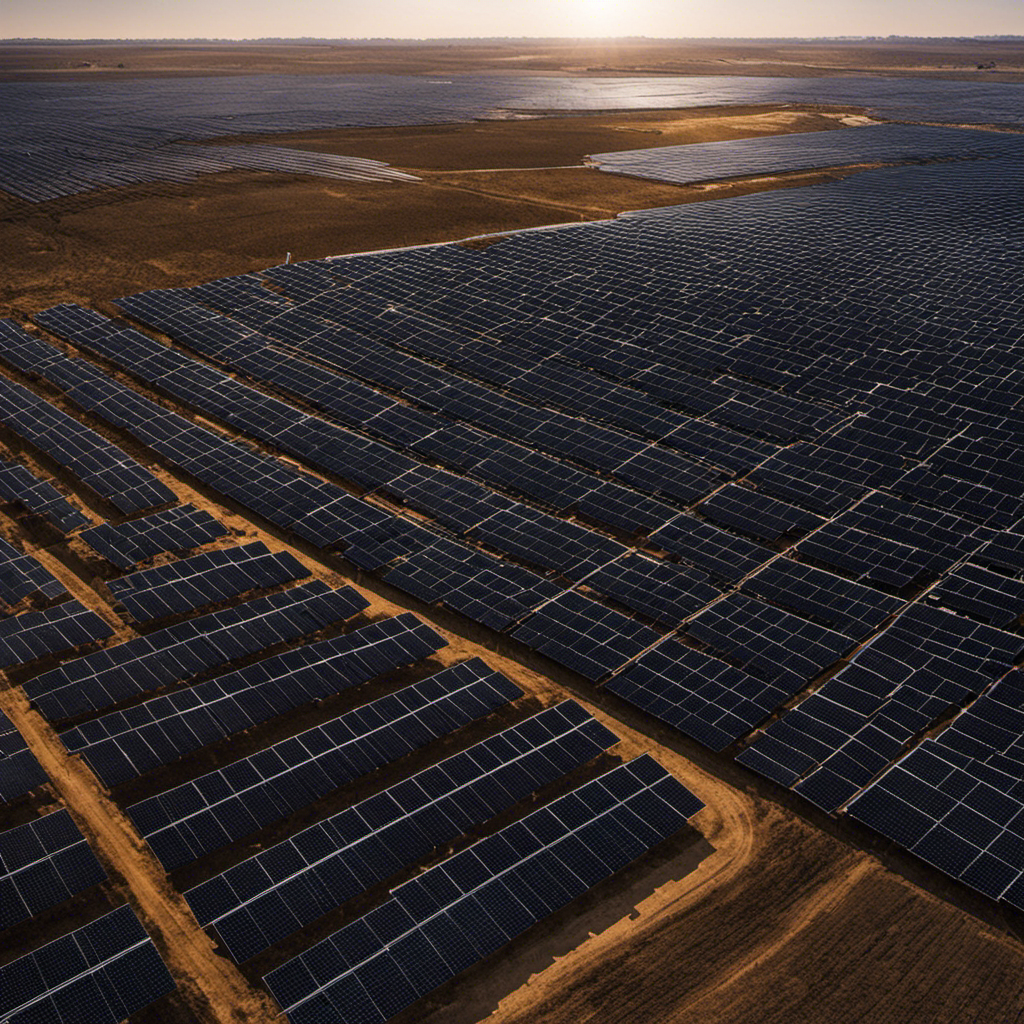 An image depicting a desolate solar farm, with rows of lifeless solar panels stretching towards the horizon