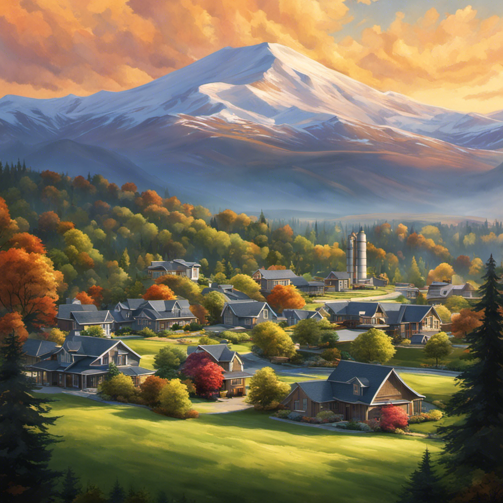 An image showcasing a serene landscape with a modern suburban neighborhood nestled at the foot of a majestic, snow-capped mountain range, surrounded by lush greenery, steam rising from the ground, and geothermal power plants in the distance