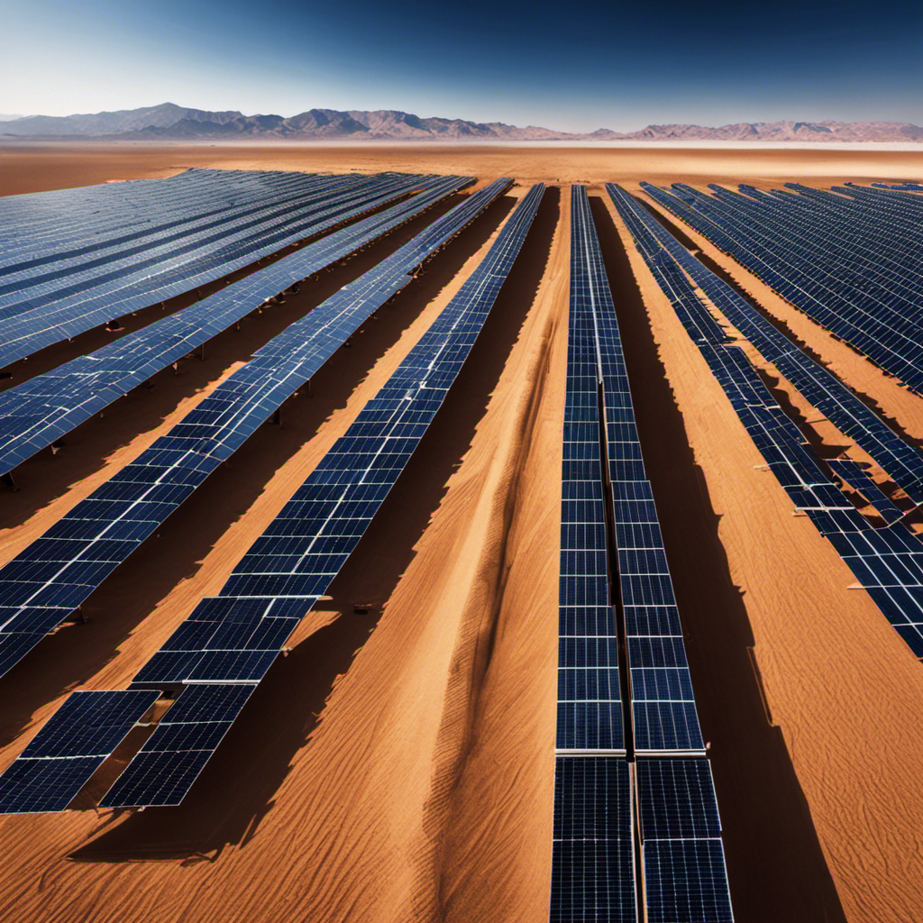 An image showcasing a vast, arid desert landscape with clear blue skies, intense sunlight, and rows of gleaming solar panels stretching towards the horizon