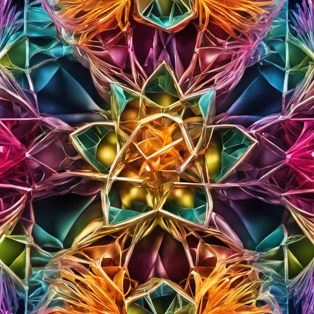 An image showcasing intricate, interlocking crystal structures in vibrant colors, representing the energy terms involved in dissolving an ionic solid